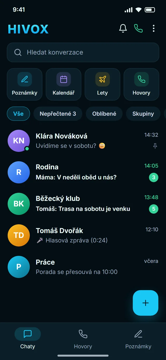 HIVOX v telefonu: seznam konverzací